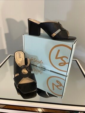Life Stride Thrill Black Open-Toe Ring Detail Block Heel Mules new
